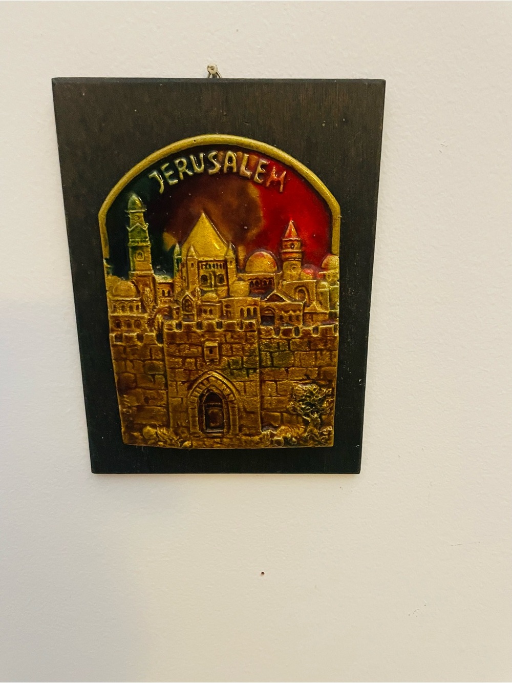 Jerusalem old city-metal on wood plaque-signed Hadar Aviv artist
